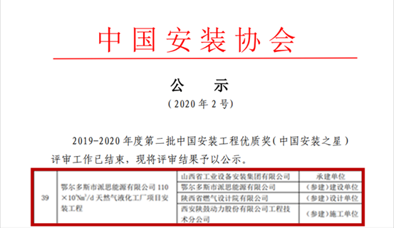 ABPAY钱包官方网站总包鄂尔多斯派思能源LNG项目获“中国装置之星”奖